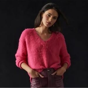 Anthropologie Maeve Hot Pink Teddy V-neck Sweater